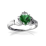 14K White Gold Heart Created Emerald Celtic Claddagh Ring