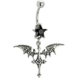 Jet Cubic Zirconia Gothic Bat Cross Belly Ring