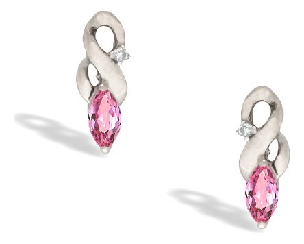14K White Gold Marquise Created Pink Sapphire and Diamond Earrings
