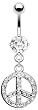 Peace Sign, Clear Cz Dangling Belly Ring 316l Stainless Steel