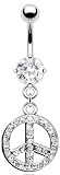 Peace Sign, Clear Cz Dangling Belly Ring 316l Stainless Steel