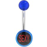 Blue Acrylic Black-Red SEXY Logo Belly Button Ring