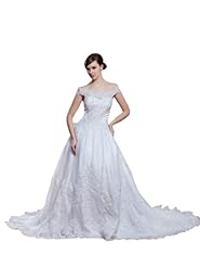 A-line Fall Winter  Beaded Sequined Applique Cap Sleeves Off the Shoulder Satin  Ball Gown Wedding Dress  with a Chapel Train 