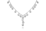 14K White Gold Matte-Finish Hand-Crafted Textured Y-Shaped Necklace, Designed with Dangling Round-Shape Gold Stations, Enhanced with Bezel Set Diamonds.