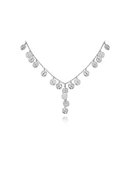 14K White Gold Matte-Finish Hand-Crafted Textured Y-Shaped Necklace, Designed with Dangling Round-Shape Gold Stations, Enhanced with Bezel Set Diamonds.