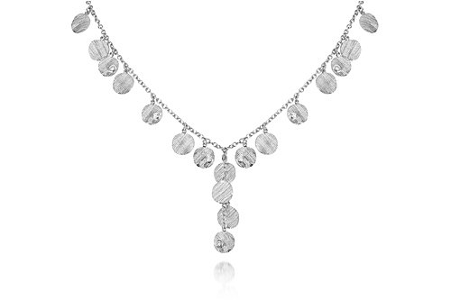 14K White Gold Matte-Finish Hand-Crafted Textured Y-Shaped Necklace, Designed with Dangling Round-Shape Gold Stations, Enhanced with Bezel Set Diamonds.