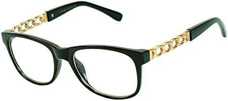 Womens Gold Metal Chain Clear Demo UV Lens Round Glasses Reading RX Vision Frame Eyewear (Black)
