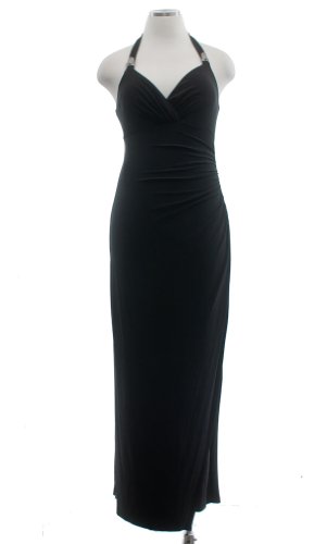 Ralph Lauren Black Jersey Haltered Rhinestone Detail Gown Dress