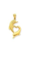 14K Solid Yellow Gold Heart Dolphin Charm Pendant