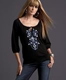 INC International Concepts Embroidered Jersey Peasant Top with Keyhole
