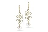 14 Karat Yellow Gold Drop Fresh Water Pearl Earrings, Enhanced With Pave Diamonds. ( 0.12 c.t.t.w, GH, SI )