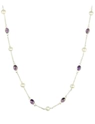 Sterling Silver Chain, Freshwater Pearl and 8 Station Amethyst Cabochon Necklace