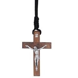 Wooden Crucifix necklace - small and thick (7cm or 2.76") - (pendant cord is 2 x 30cm in length)