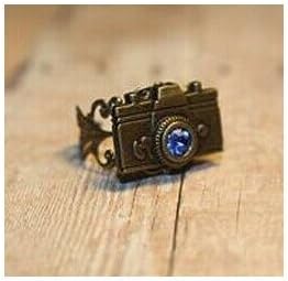 Tiny Camera with Blue Sapphire Colored Crystal Ring Photographer Gift