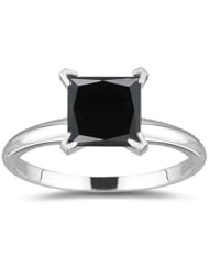 1.00 Ct of 4.55-7.20 mm AAA Princess Black Diamond Solitaire Ring in 14K White Gold {DIAMOND APPRAISAL INCLUDED}