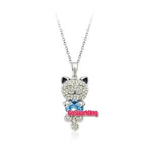 Blue Crystal Lucky Japanese Cat Pendant Necklace Used Swarovski Crystals