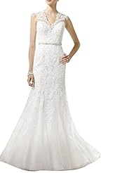 V-neck Open-Back Lace Vintage Backless Natural   Waistline Sheath Wedding Dress 