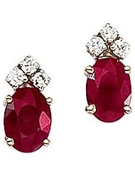 14K Yellow Gold Oval Ruby and Diamond Earrings