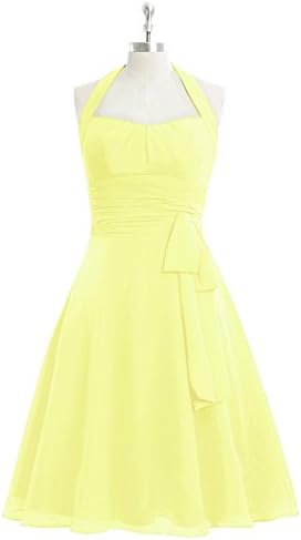 Knee-length Daffodil Bridesmaid Dresses Halter Neckline Concealed Zip Closure