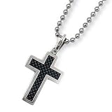 Black Carbon Fiber Polished Stainless Steel Cross Necklace on 22 Bead Chain
