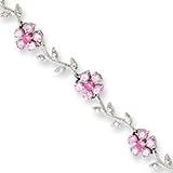 Sterling Silver 7.75inch Pink And Clear Cz Flower Bracelet