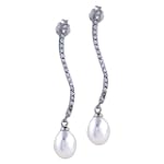 Sterling Silver Crystal Waved Stick Dangling Dangle Pearl Earrings