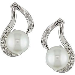 Sterling Silver Diamond and FW Pearl Earrings (9-10 mm)
