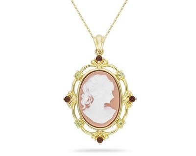 Cameo Pendant with Garnet and Peridot in Yellow Gold