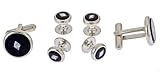 Silver plated cufflinks and shirt stud set with black accent with crystal center with presentation box