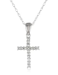 10k White Gold Cross Diamond Pendant Necklace (1/16 cttw, I-J Color, I2-I3 Clarity), 18