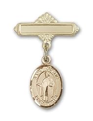 14K Gold Baby Badge with St. Justin Charm and Polished Badge Pin