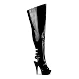 Pleaser DELIGHT-3015, 5 3/4 Spike Heel Platform Thigh Boot With Open Toe and Buckled Heel