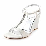 Women's Satin Upper Wedge Heel Pumps Sandals With Rhinestone Wedding Bridal Shoes (Size: 8 B(M) US/Ivory)