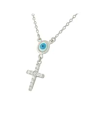 Sterling Silver Womens Cross Evil Eye White Crystals CZ Pendant Necklace