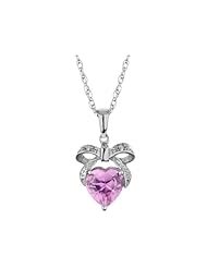 Created Pink Sapphire Bow and Heart Pendant Necklace with Diamonds 1.25 Carat (ctw) in Sterling Silver with Chain