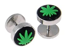 136L Stainless Steel Marijuana Leaf Fake Plug with Rubber Logo Face Width: 10mm Gauge: 16 - Sold as Pair
