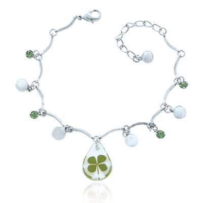 Chuvora Real Irish Four Leaf Clover - Symbol of Good Luck - Clear Charm Jingle Bells Bracelet Fashion Jewelry - St.Patrick's day gift