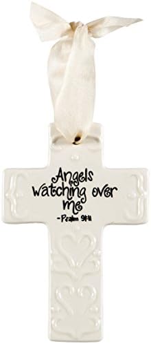 Runahaa5" Ceramic Cream Cross Ornament: Angels watching over me - Psalm 91:11