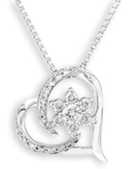 18K White Gold Sideway Open Heart Pave Diamond Accents Flower Pendant W/ 16 Sterling Silver Chain (1/3 cttw, G-H Color, VS2-SI1 Clarity)