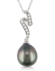 10k White Gold Black Tahitian Cultured Pearl with Diamond Accent Pendant Necklace (1/10 cttw, H-I Color, I2-I3 Clarity), 17"