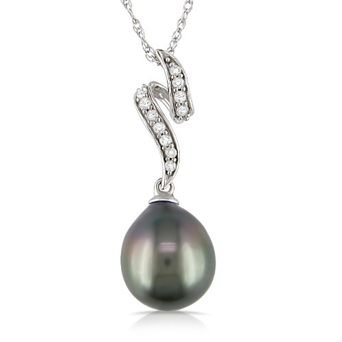 10k White Gold Black Tahitian Cultured Pearl with Diamond Accent Pendant (1/10 cttw, H-I Color, I2-I3 Clarity), 17"