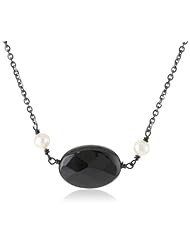 Black Onyx Oval with White Freshwater Cultured Pearl Accents on Black-Tone Chain Necklace, 16"+2" Extender