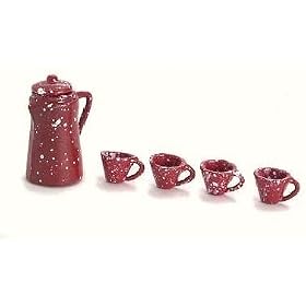 Miniature Red Spatterware Coffee Pot and Cups