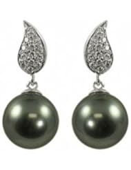 14K white gold 9-10mm Tahitian cultured pearl and diamond (.20ctw) earrings.