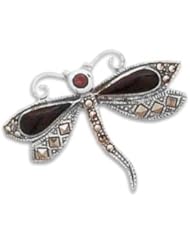 Genuine Elegante Brooch. Marcasite Dragonfly Pin with Black Onyx and Garnet. 100% Satisfaction Guaranteed.