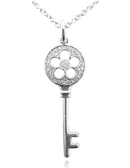 Sterling Silver Key Flower Diamond Pendant Necklace(HI,I2-I3,0.12ct)