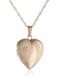 14k Yellow Gold Satin and Polished Heart Locket with Genuine Diamond Necklace, 18"
