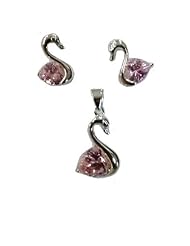 Sterling Silver Swan Pendant and Earrings Set, Pink