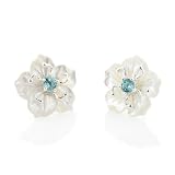 Carved Mother of Pearl Shell Daffodil Flower and Genuine Blue Topaz Sterling Silver Earrings