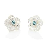 Carved Mother of Pearl Shell Daffodil Flower and Genuine Blue Topaz Sterling Silver Earrings